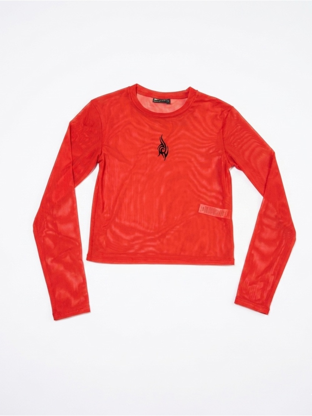 ASOS Red Long Sleeve Mesh Crop Top with Black Flame Logo